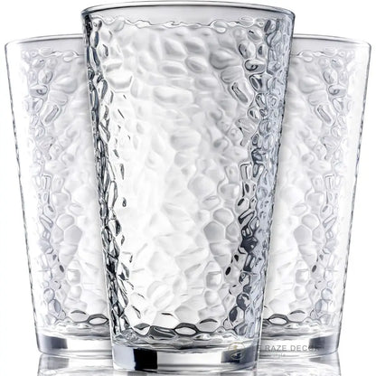 Stylish hammered glass tumblers, each holding 16oz, showcasing their versatility for modern and rustic decor.