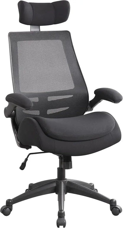 Full view of the 400lb High Back Ergonomic Office Chair with lumbar support, showing its space-saving flip-up arms and ergonomic features.