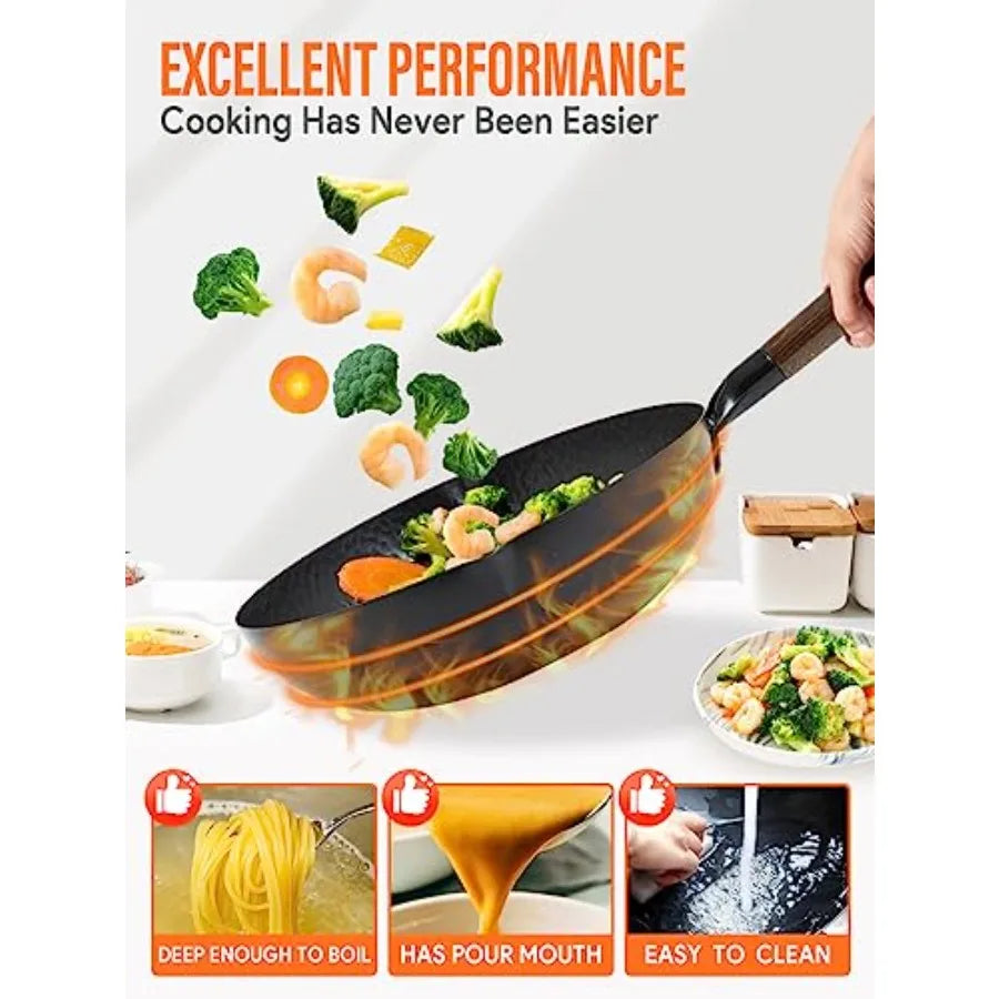 The complete HomelyOasis Carbon Steel Wok 13-Inch set featuring the wooden lid, spatula, and chopsticks for versatile cooking.