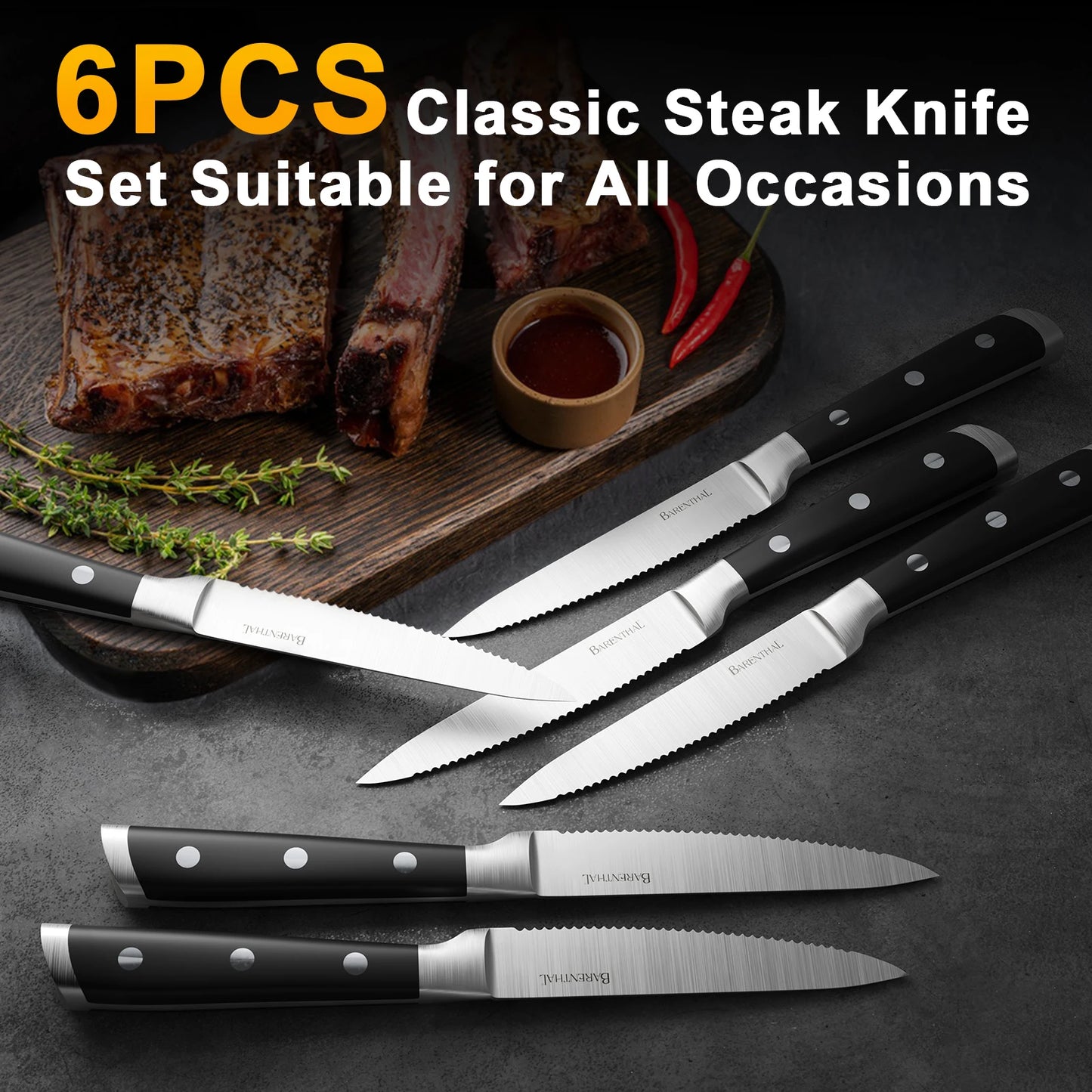 6-Piece German Stainless Steel Serrated Steak Knife Set with triple-riveted stainless steel handles