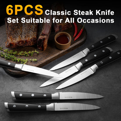 6-Piece German Stainless Steel Serrated Steak Knife Set with triple-riveted stainless steel handles