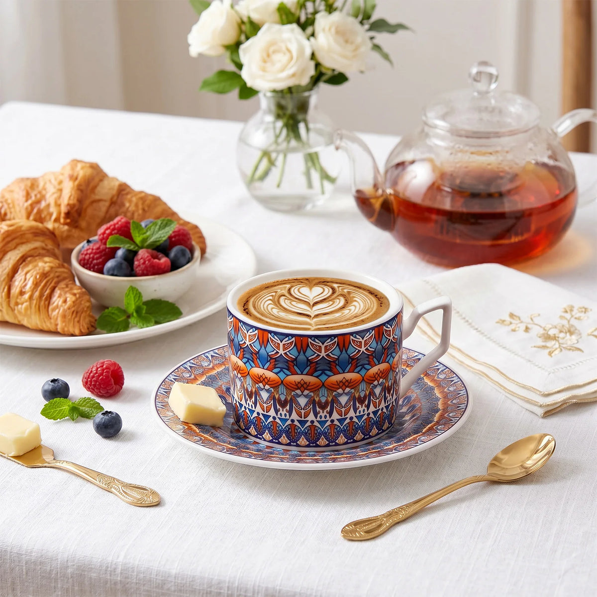 Bohemian Ceramic Coffee Cup and Saucer Set for 2, 8.5 oz Espresso Mugs with Spoons, ceramic coffee cup set with matching saucers