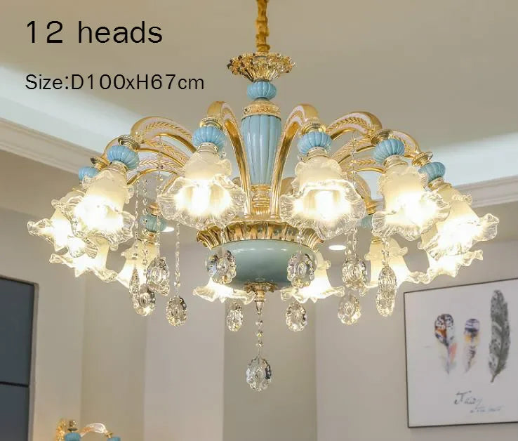 Frosted White Glass Tiffany Blue Floral Chandelier