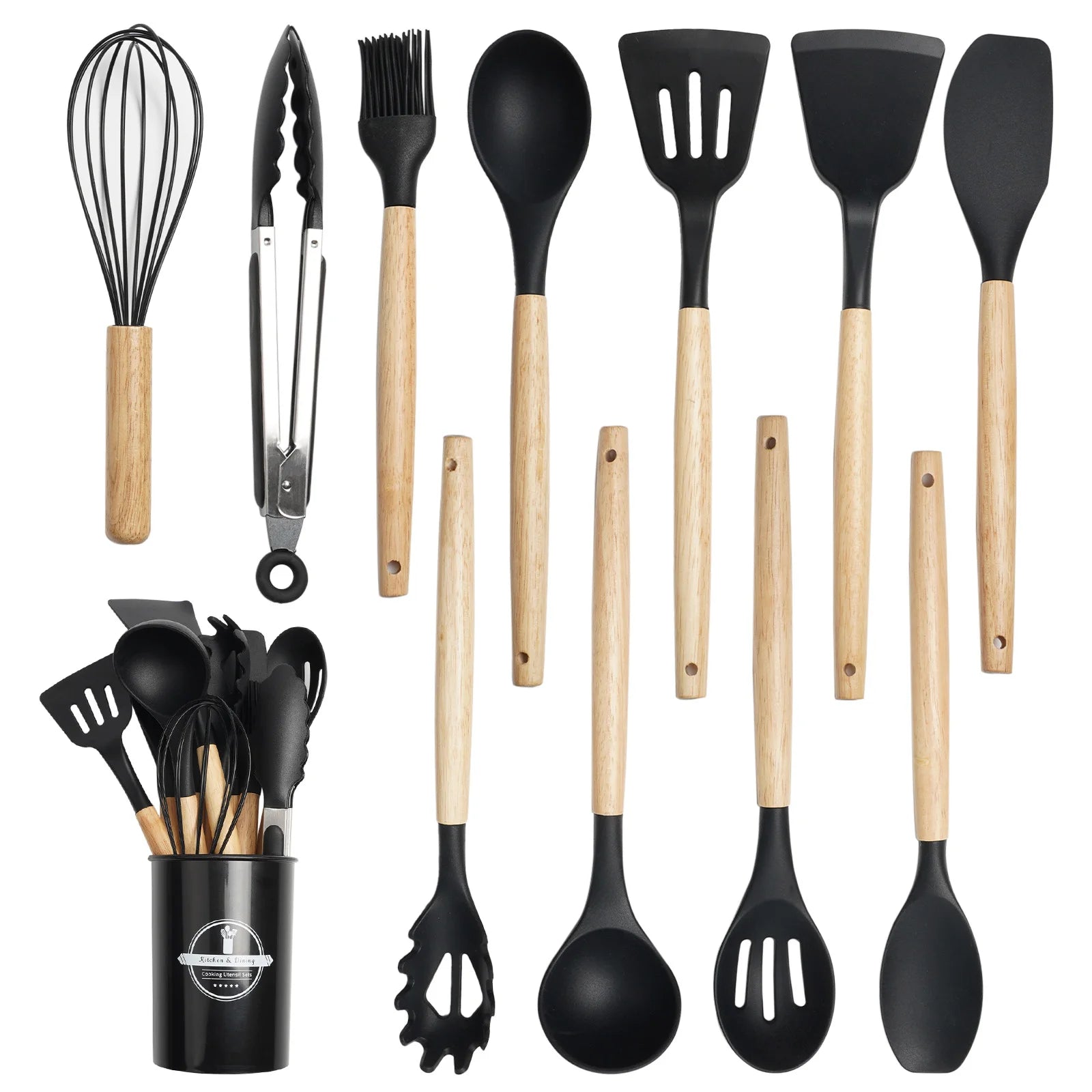 Close-up of 12-Piece Silicone Utensil Set with BPA-free silicone heads and natural wood handles.