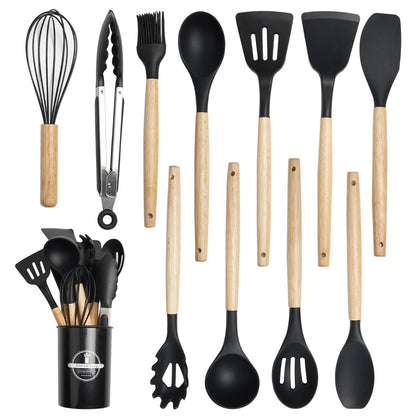 Close-up of 12-Piece Silicone Utensil Set with BPA-free silicone heads and natural wood handles.