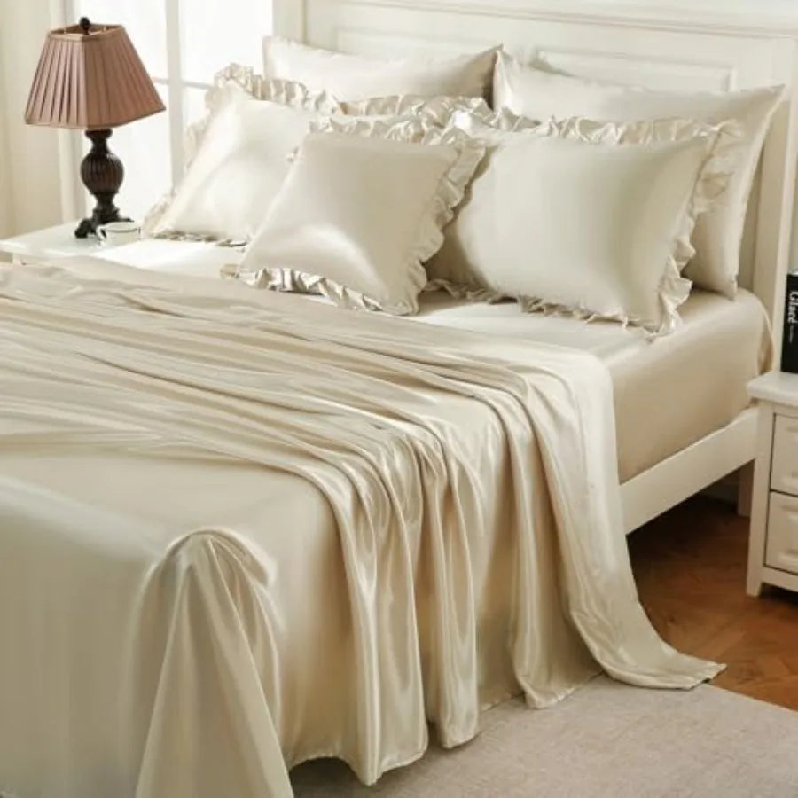 Aesthetic view of the Beige Satin Comforter Set with double-layered ruffles, perfect for enhancing bedroom elegance.