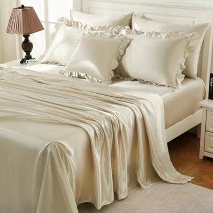 Aesthetic view of the Beige Satin Comforter Set with double-layered ruffles, perfect for enhancing bedroom elegance.