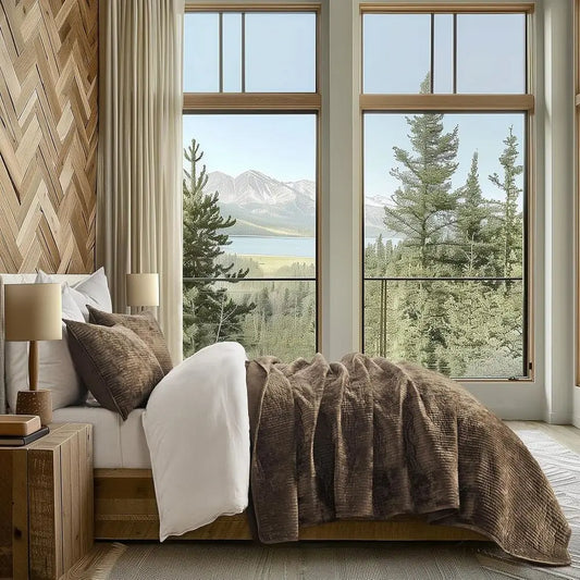 Soft & Luxurious Mushroom Brown Velvet Quilt Set /a Striped Channel Design   