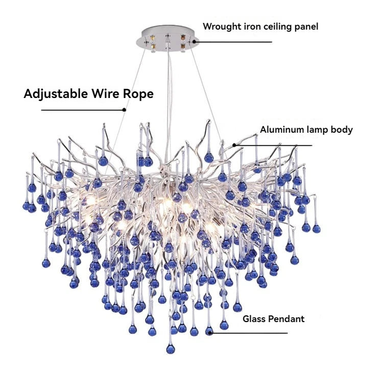 Luxury Chrome Branch  &  Silver Blue Crystal Ceiling Chandelier