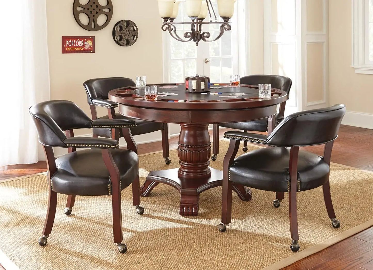 Upholstered Solid Black Arm Dining Chair w/Casters & Nailhead Trim