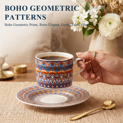 Bohemian Ceramic Coffee Cup and Saucer Set for 2, 8.5 oz Espresso Mugs with Spoons, colorful ceramic coffee cup set close-up