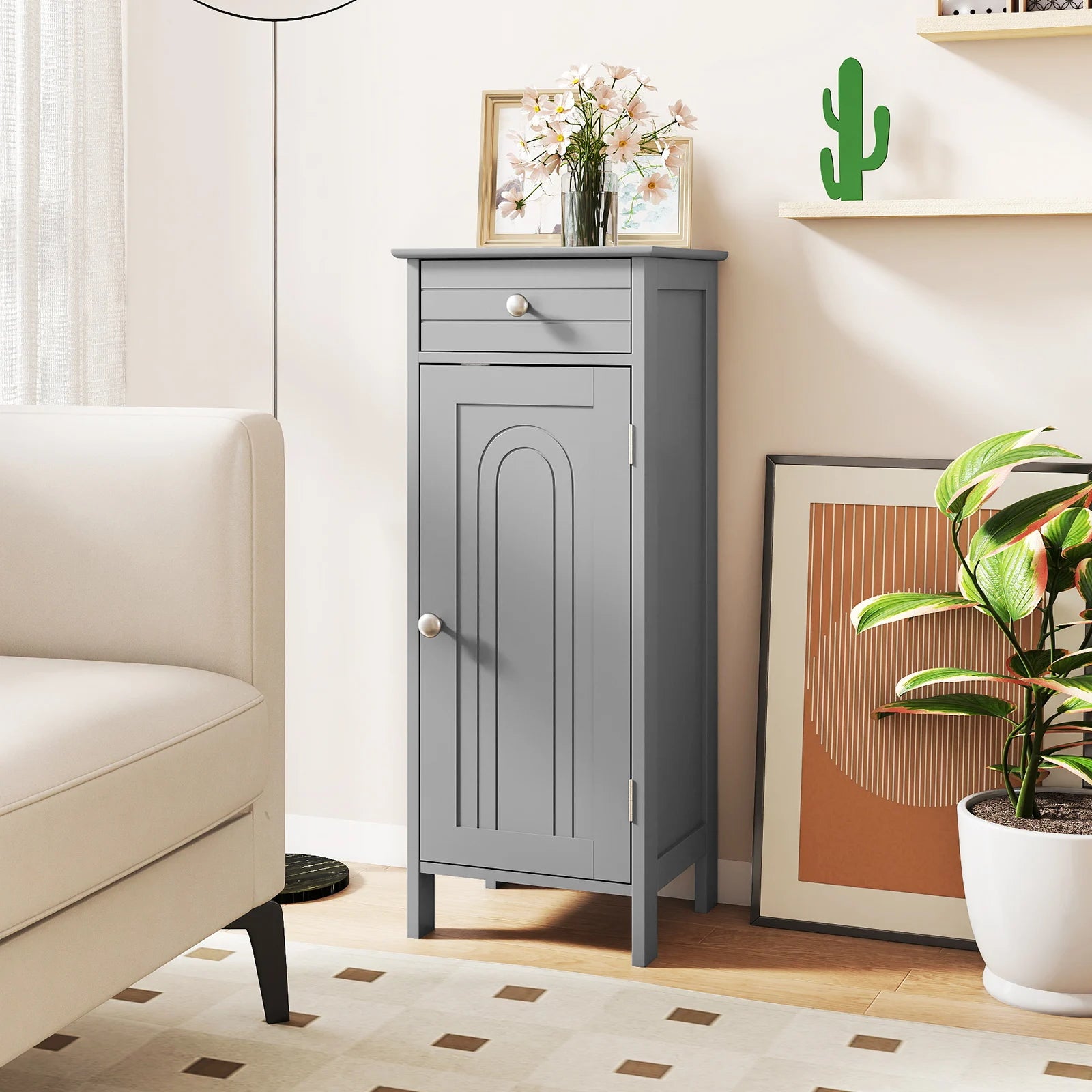 Slim Grey Bathroom Storage Cabinet – Narrow 14" Free-Standing Floor Organizer with Drawer & Adjustable Shelves for Small Bathrooms & Tight Corners, featuring a gray freestanding organizer in a stylish bathroom setup.