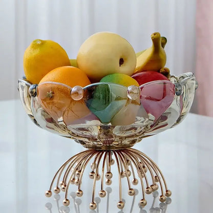 Stylish Amber Glass Flower Bowl with Beaded Metal Base - Beautiful view of the large amber glass bowl showcasing its elegant design and luxurious metal base.