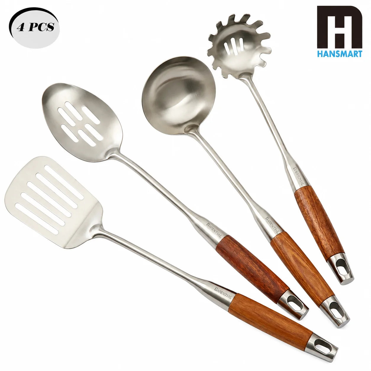 4-Piece 304 Stainless Steel Kitchen Utensil Set with Natural Wood Handles, slotted spoon for lifting and draining foods