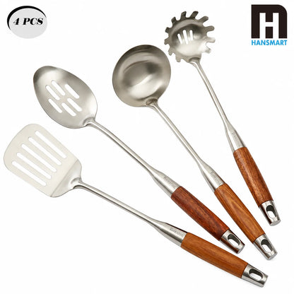 4-Piece 304 Stainless Steel Kitchen Utensil Set with Natural Wood Handles, slotted spoon for lifting and draining foods