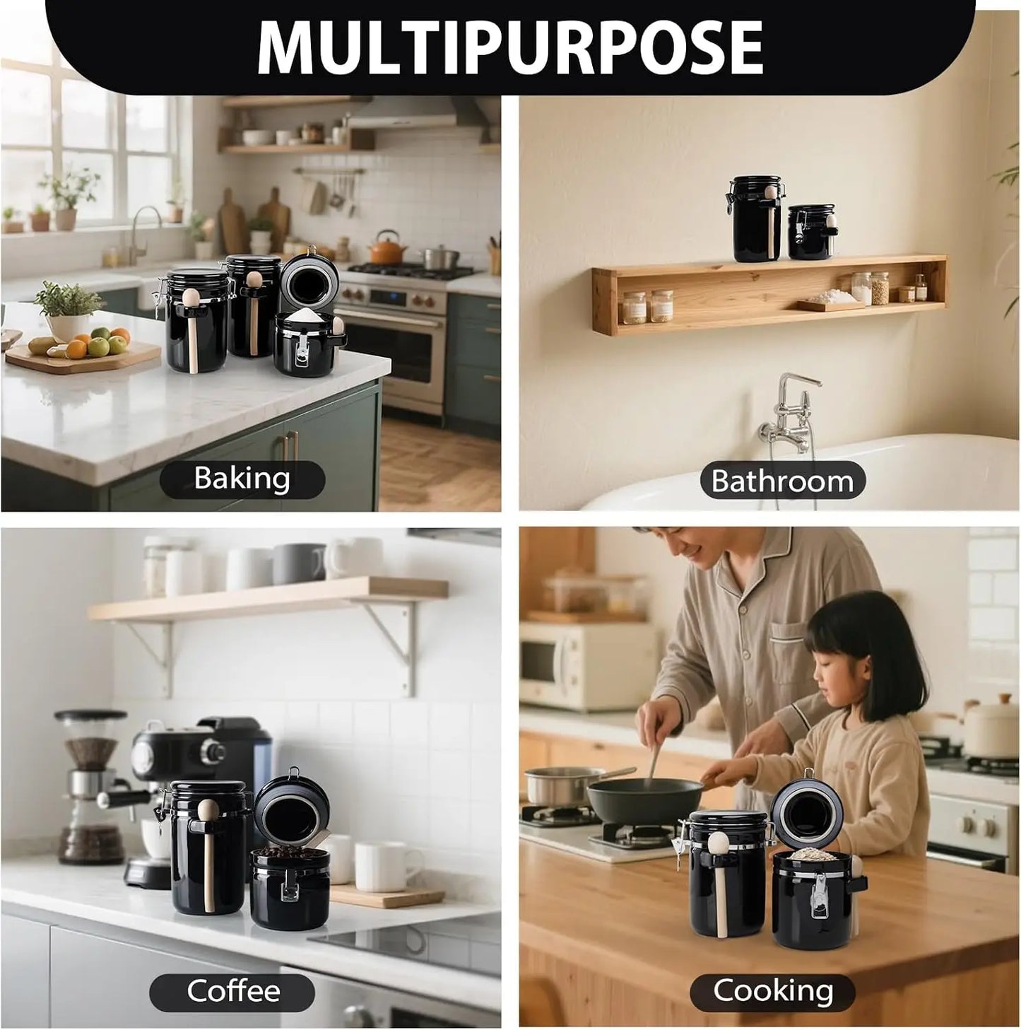 Stylish presentation of the Luxury Black Ceramic Canister Set with Airtight Seal & Wooden Spoons on a countertop.
