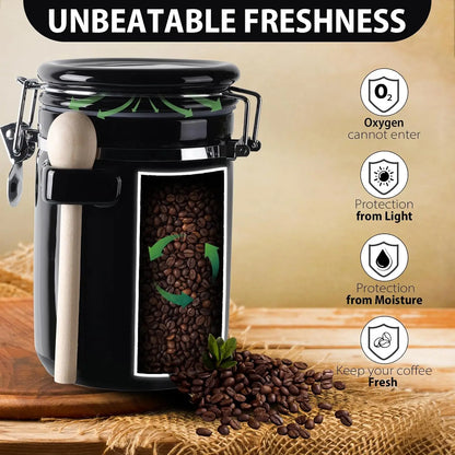 Luxury Black Ceramic Canister Set with Airtight Seal & Wooden Spoons highlighting food storage capabilities.