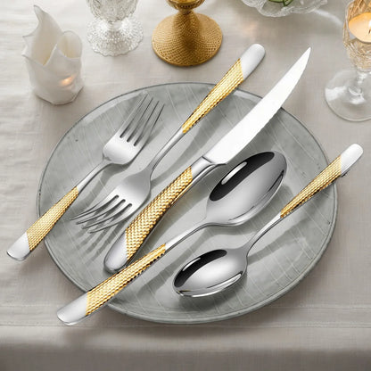 Ferran Diagonal Textured Stainless Steel Cutlery Set features a modern luxury design for your dining experience.