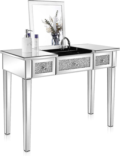Overall view of the 33.9" Elegant Silver Mirrored Vanity Table with a contemporary design, reinforcing its appeal as a silver vanity table.