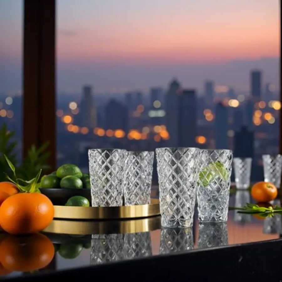 Luxury Diamond Cut Highball Glass in use, perfect for enjoying iced tea or cocktails at gatherings.