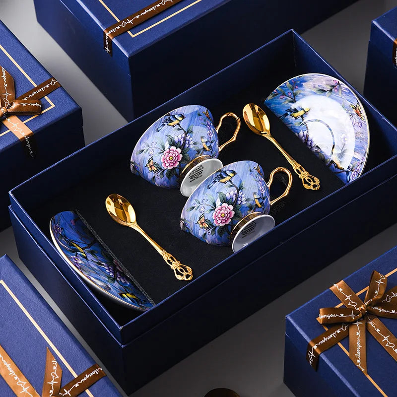 European Bird Pattern Afternoon Tea Cup & Saucer Sets w/Spoons