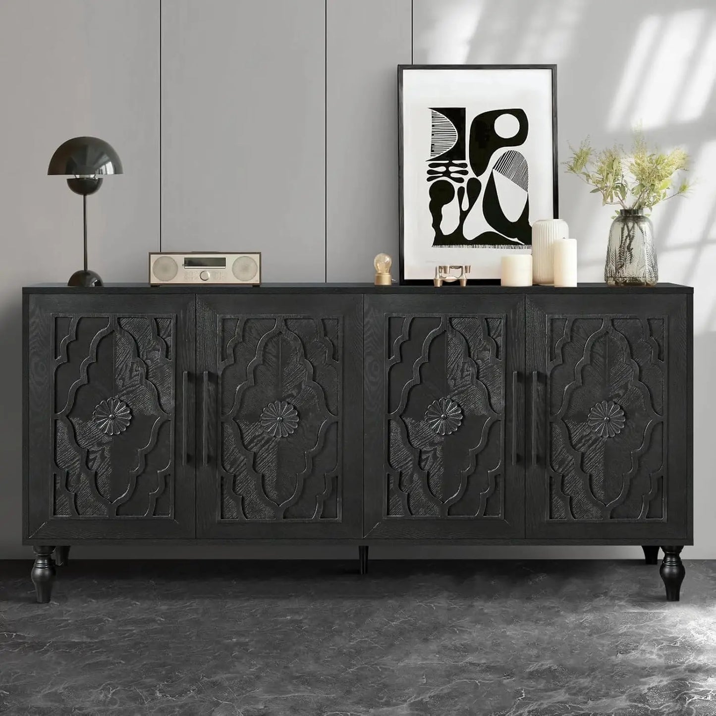 Antique Black Carved Sideboard with Carved Flower Doors, a stylish piece of furniture that serves as an elegant storage solution and enhances any room's decor, featuring an antique carved sideboard design.