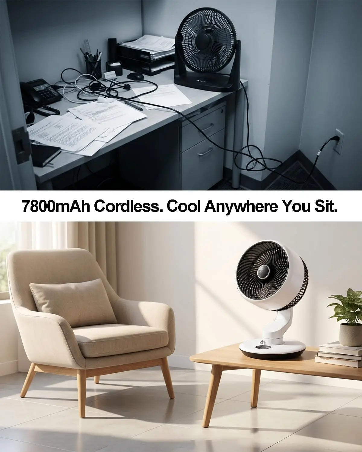 GAITIR Rechargeable Desk Fan - 7800mAh Battery with Smart Touch Display - Black, White, rechargeable desk fan with digital touch controls