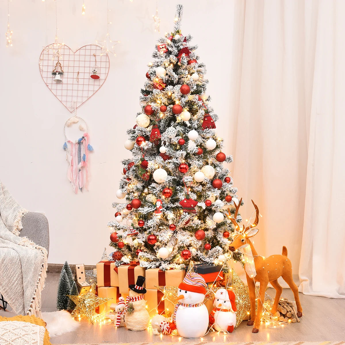 Artificial Pre-lit 6FT Hinged Snow Flocked Christmas Tree