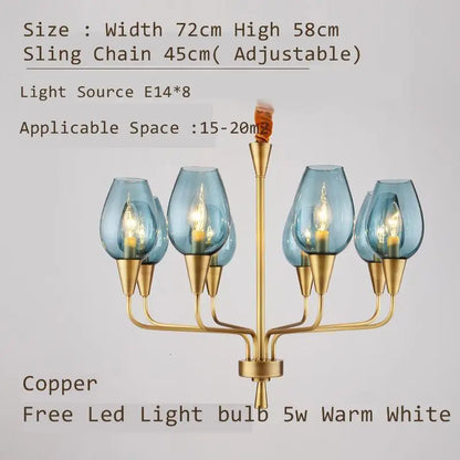 Stunning Modern LED Chandelier in Blue and Matte Brass displayed with decorative accents, making a statement in modern interior design.