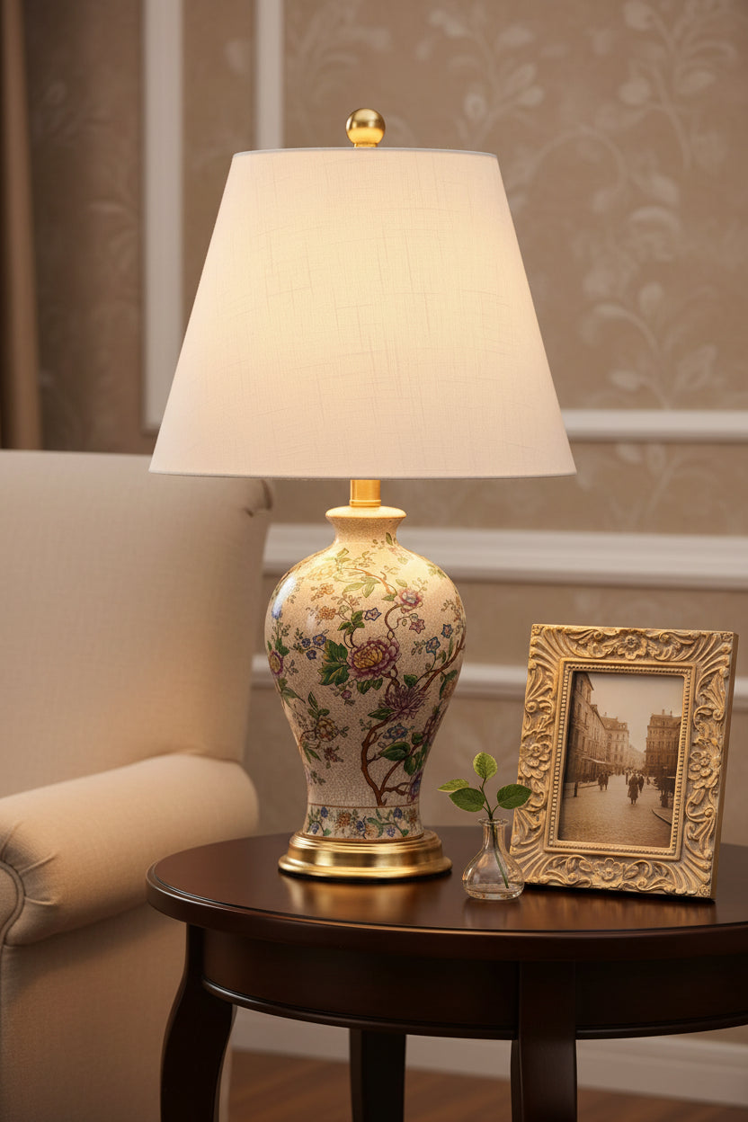 Lifestyle shot featuring the Elegant 24" Multicolor Ceramic Floral LED Table Lamp with Golden Base in a cozy living room setting, a perfect multicolor table lamp.