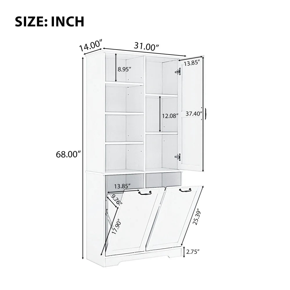 Contemporary 68" Freestanding White Open Hamper Cabinet