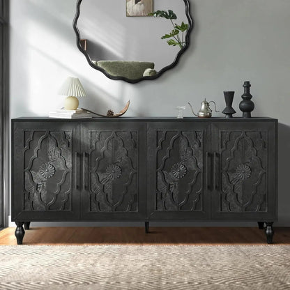 Antique Black Carved Sideboard with Carved Flower Doors styled with warm lighting and neutral décor, perfect for enhancing your home with an antique carved sideboard focal point.