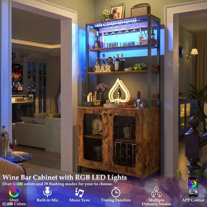 67" Tall Rustic Brown Wine Bar Cabinet w/RGB LED Lights
