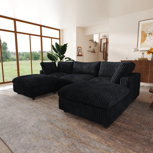 Oversized Black U-shaped Covertible Cloud Couch w/Ottoman