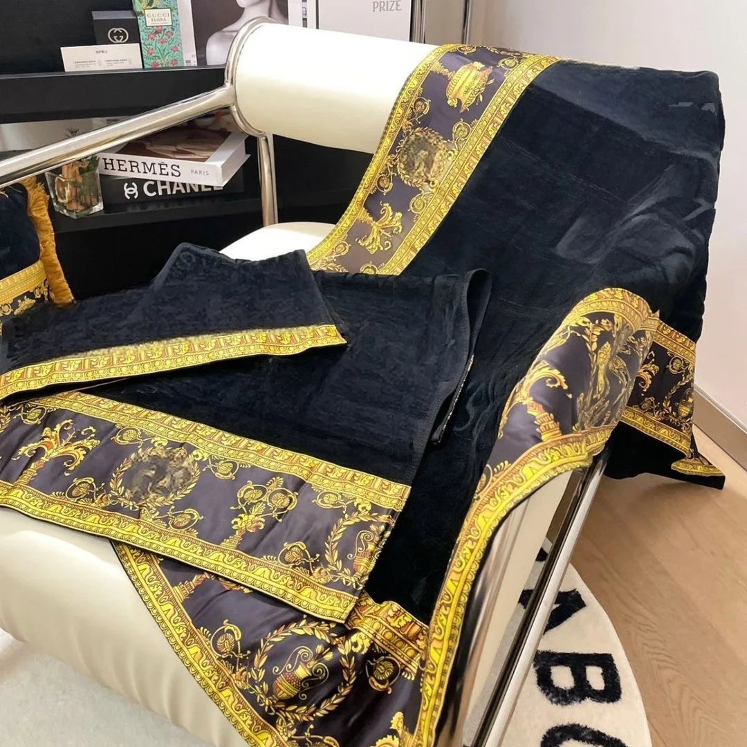 Premium 3-Piece 100% Cotton Bath Towel Set w/a Vintage Baroque Print Border