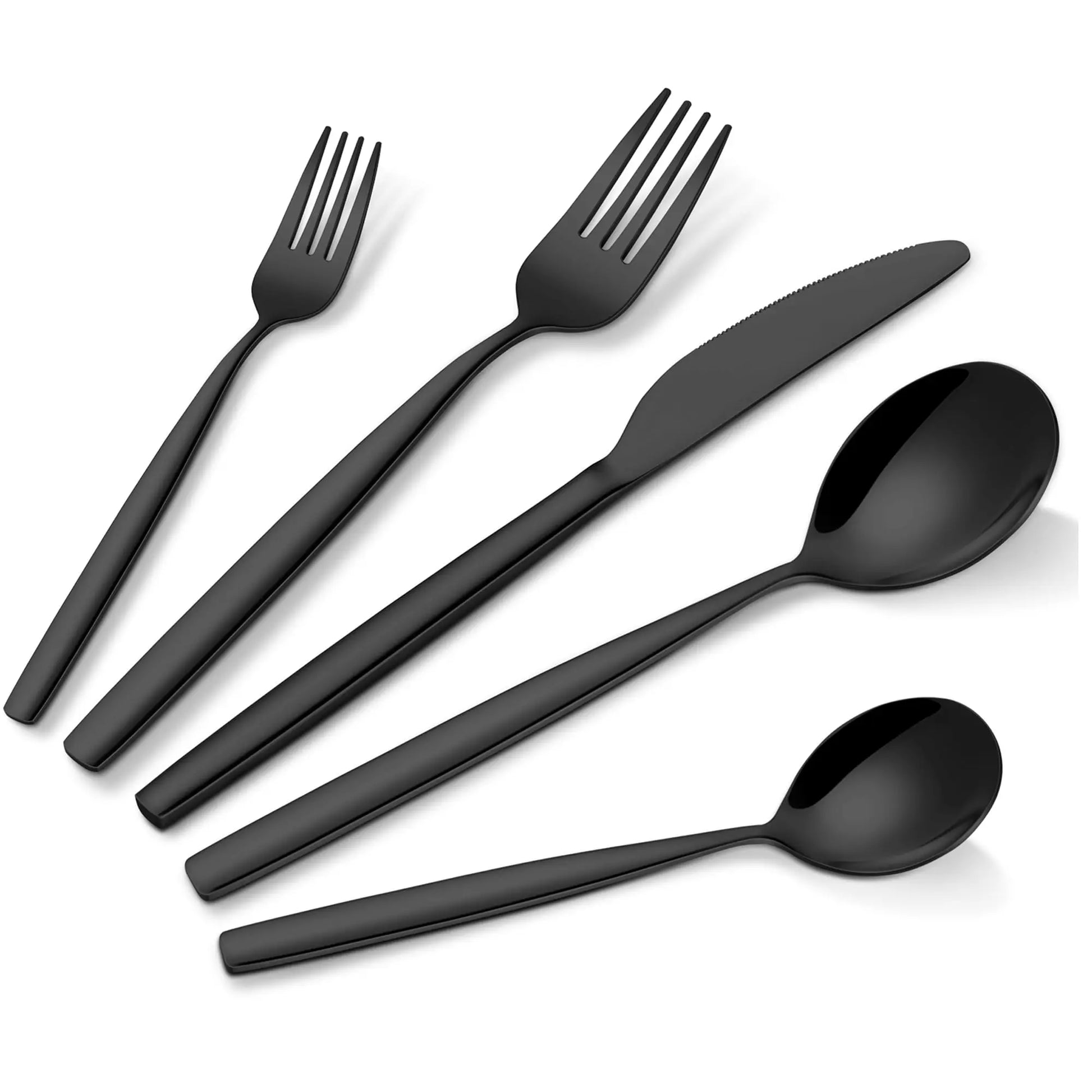 30-Piece Black Stainless Steel Flatware Set, Service for 6 styled on a contemporary dining table