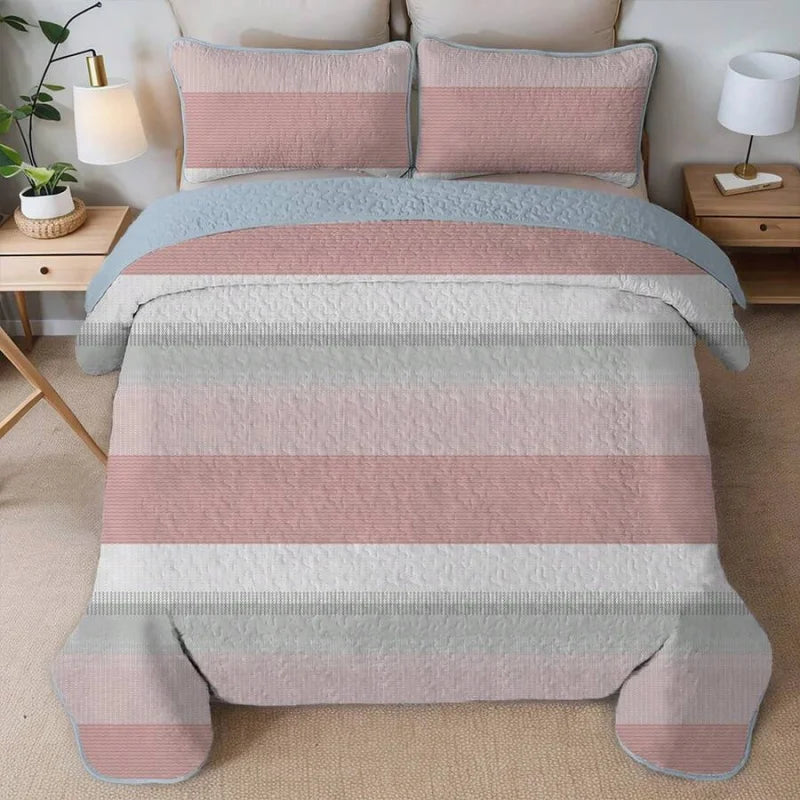 Pink and White Striped Quilt Set, Lightweight All-Season Bedspread with Pillow Shams for Queen & King Beds displayed with matching shams and a pink striped quilt