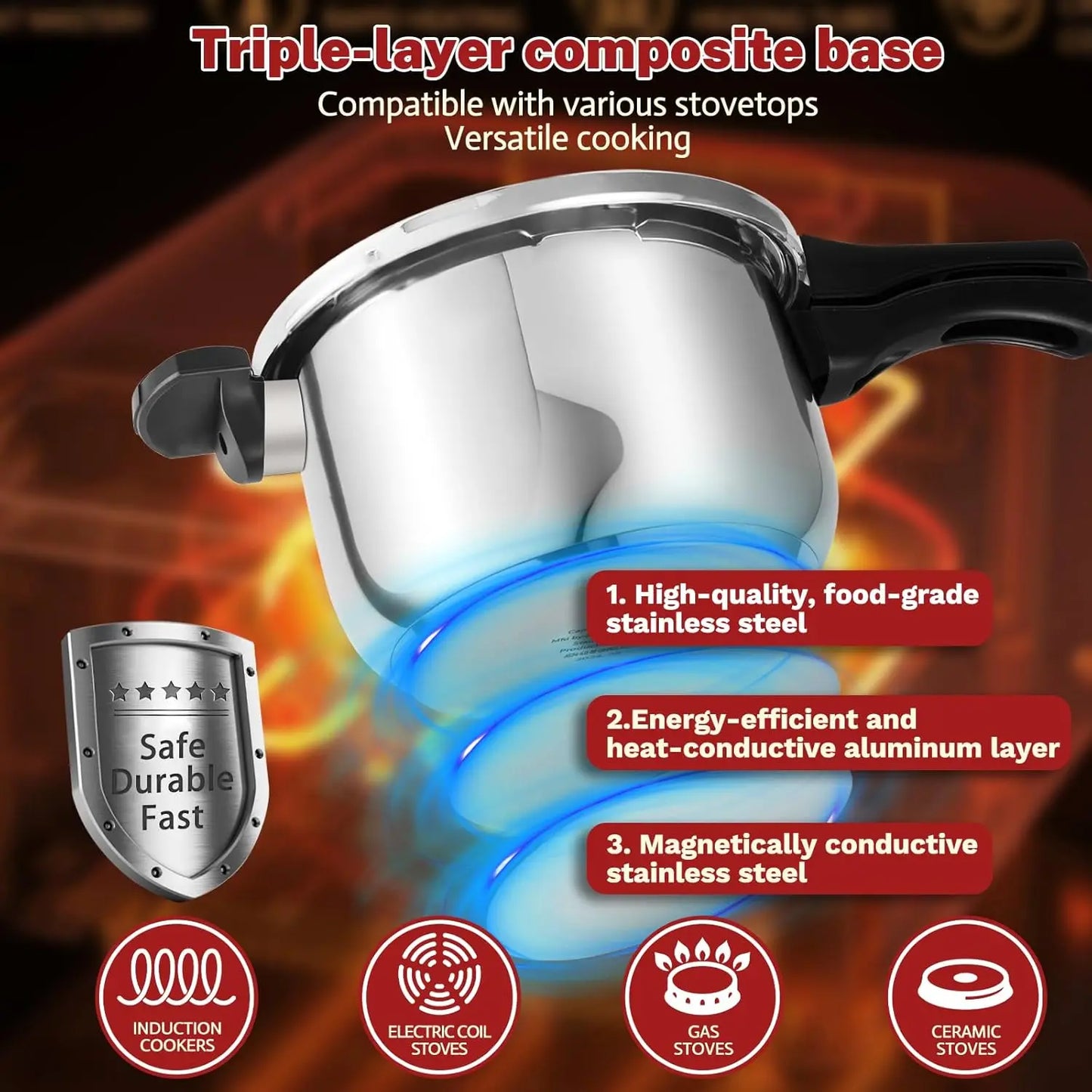 6.3 Quart Induction Compatible Stainless Steel Pressure Cooker by HomelyOasis, induction-ready design for fast even heating