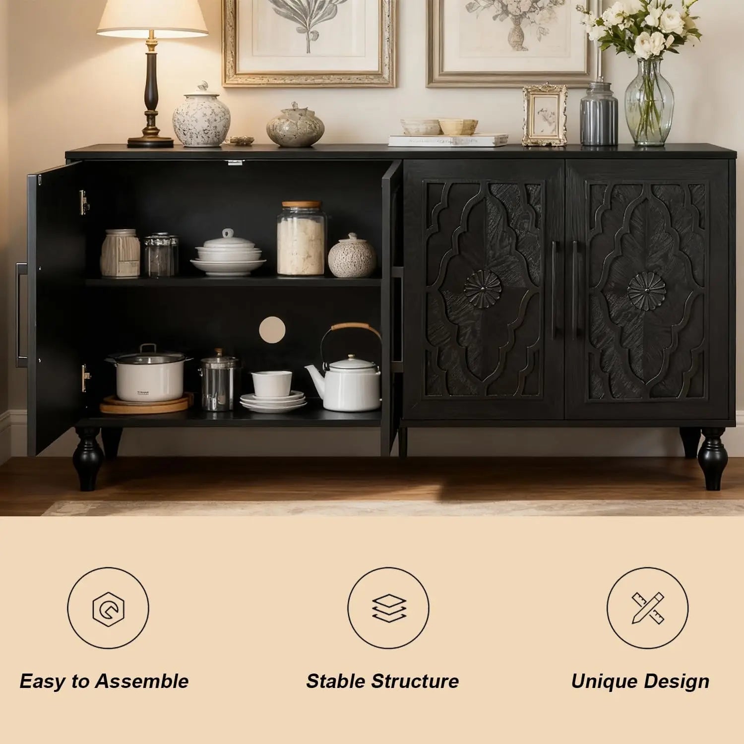 Spacious interior view of the Antique Black Carved Sideboard with Carved Flower Doors, featuring adjustable shelves for organized storage in this antique carved sideboard.