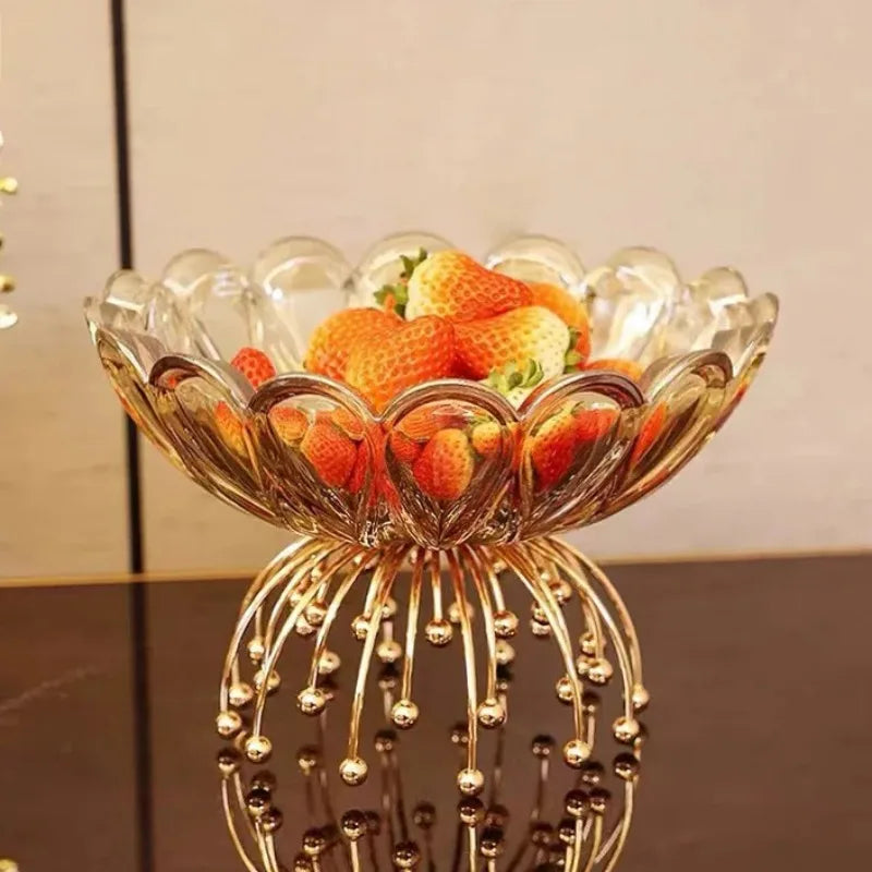 Stylish Amber Glass Flower Bowl with Beaded Metal Base - Stunning display of the small amber glass bowl filled with fruits, enhancing home décor.
