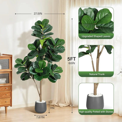 Lifestyle image of the 7FT Realistic Faux Fiddle Leaf Fig Tree adding elegance to a stylish living space, showcasing its no maintenance charm.
