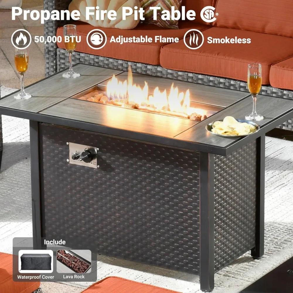 Modern 6-piece Rattan Wicker Patio Furniture Set w/a Gas Propane Fire Pit Table 