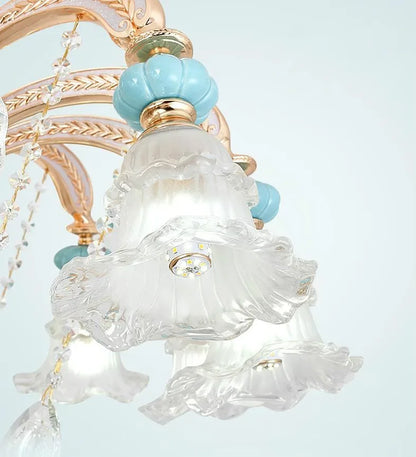 Frosted White Glass Tiffany Blue Floral Chandelier