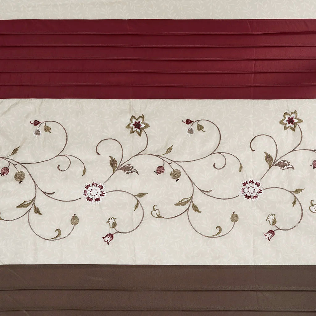 Transitional Red Pleated Shower Curtain w/Delicate Floral Embroidery