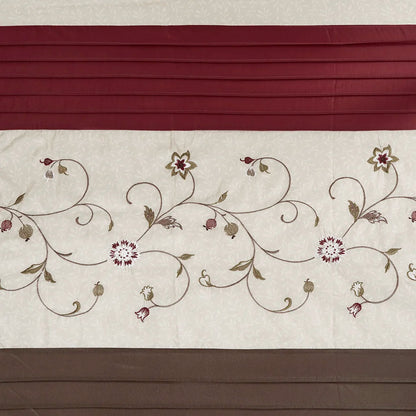 Transitional Red Pleated Shower Curtain w/Delicate Floral Embroidery
