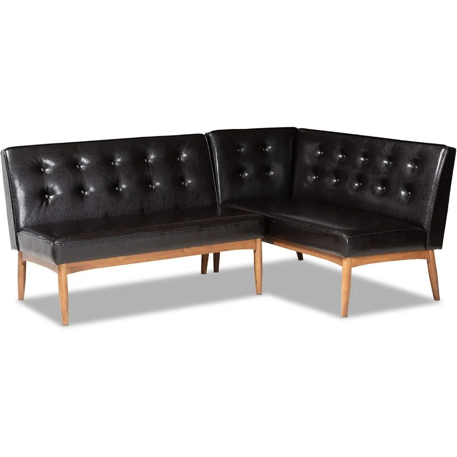 Overall layout featuring the Mid-Century Modern 2-Piece Dark Brown Wood Dining Corner Sofa Bench in a cozy dining space, illustrating its charm and practicality as a must-have mid-century modern bench.