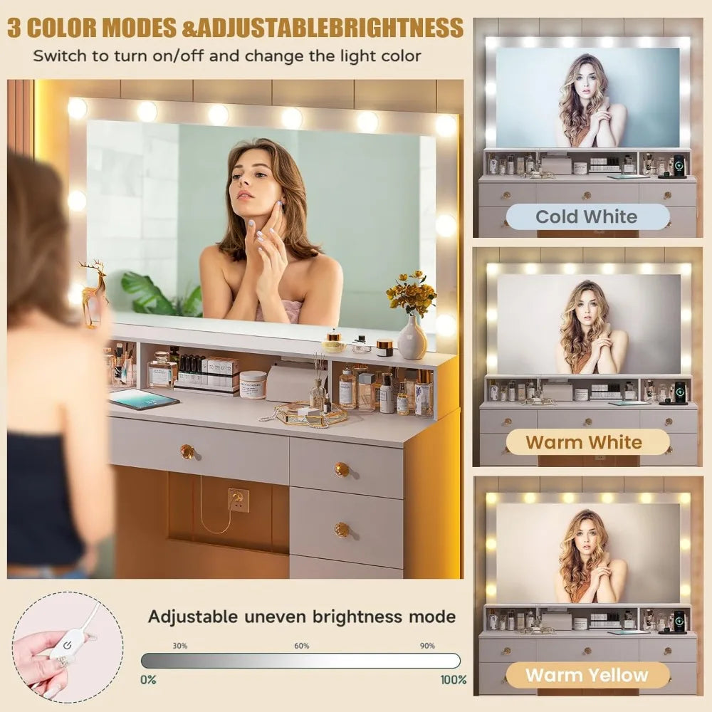 Large Makeup Vanity Desk w/Mirror and Lights