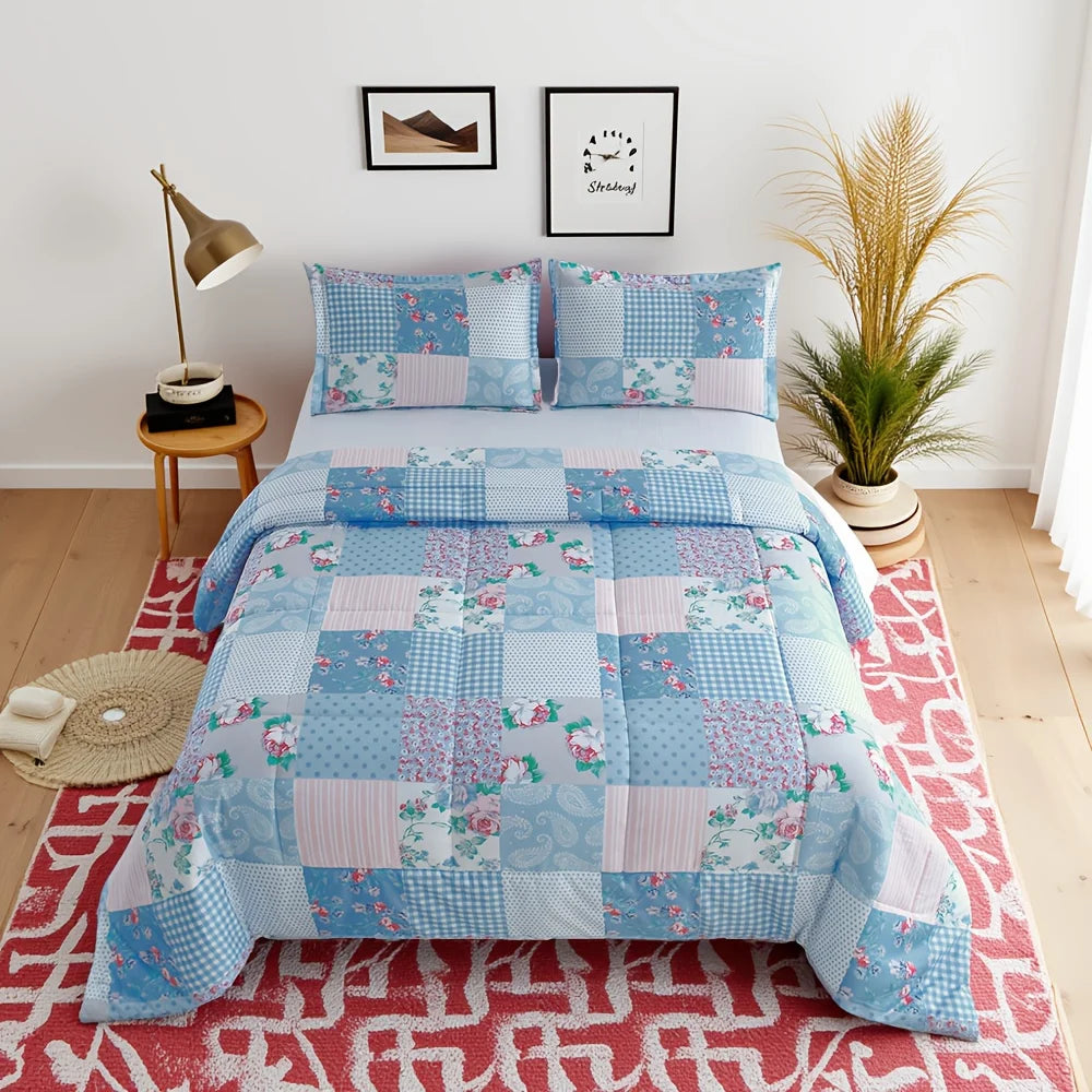 Luxury Blue Floral Quilt Set – Lightweight All-Season Comforter Bedding, Ultra-Soft Breathable Bed Set