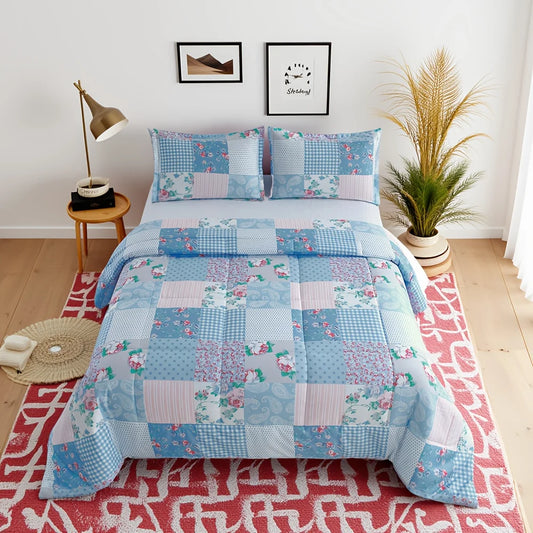 Luxury Blue Floral Quilt Set – Lightweight All-Season Comforter Bedding, Ultra-Soft Breathable Bed Set