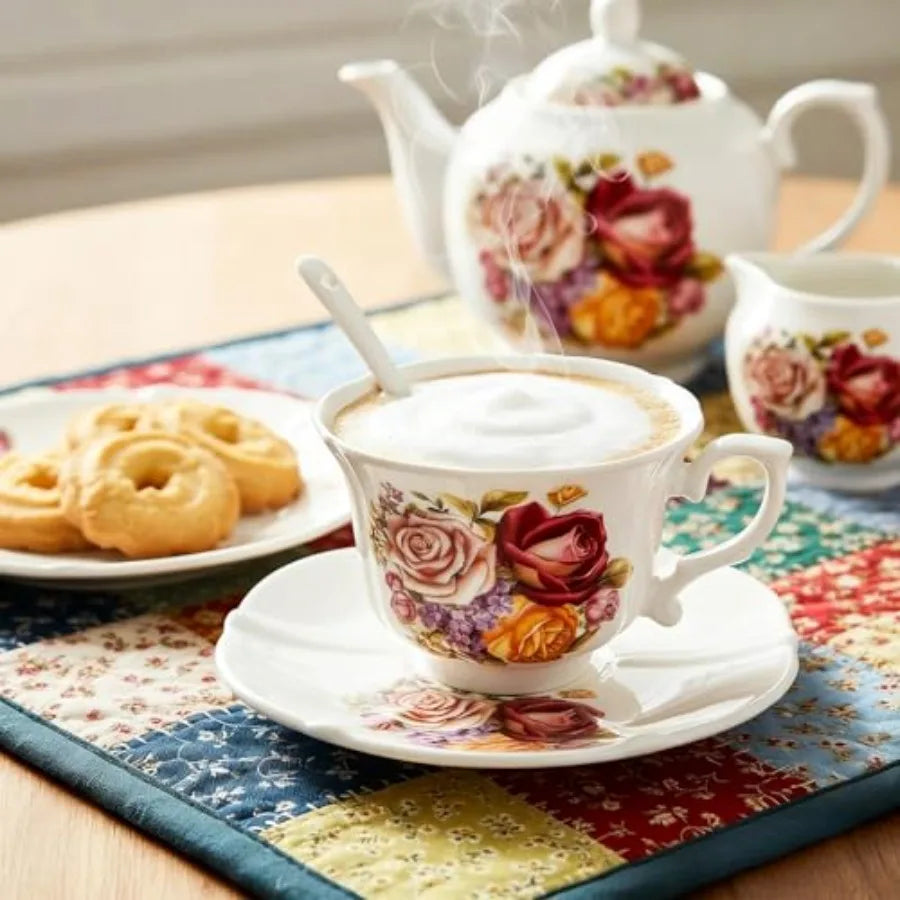 Vintage Floral Tea Cup Set beautifully arranged with floral decor, displaying the vintage-inspired rose patterns.